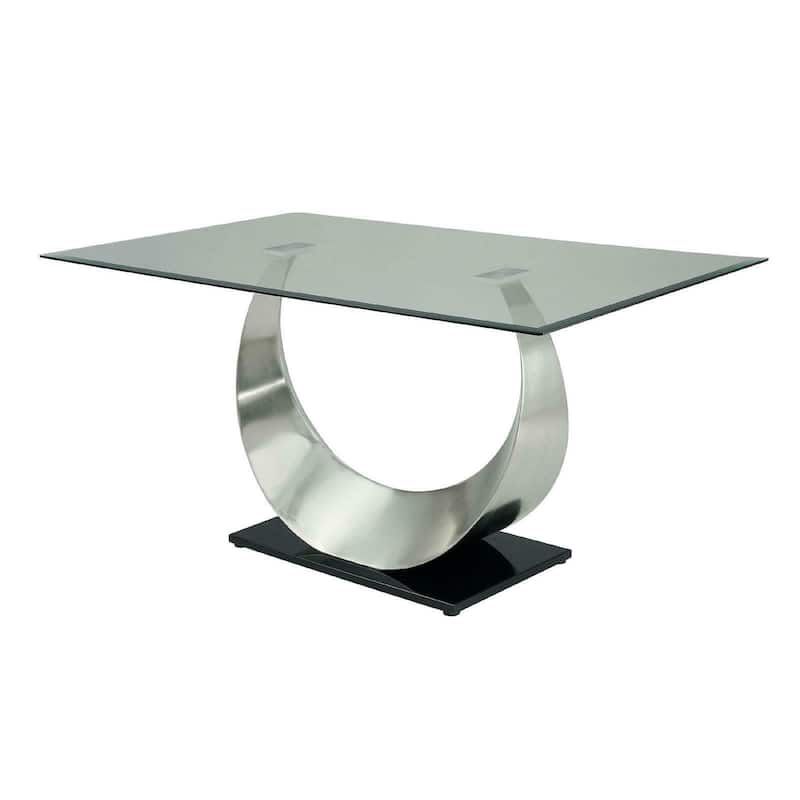 Metal and Glass Dining Table with Unique U Shape Pedestal Base, Chrome and Black