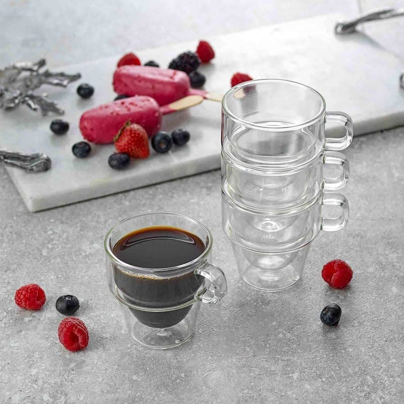 JoyJolt Stoiva Stackable Double Wall Insulated Espresso 5 oz Glass Cups, Set of 4 - 5 oz
