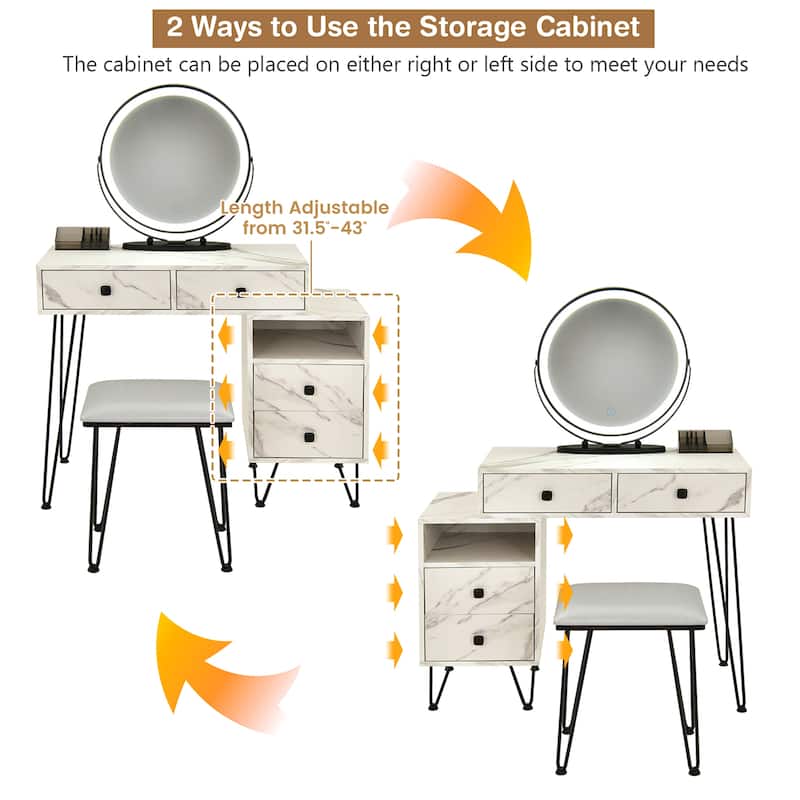 Costway Vanity Table Stool Set Dimmer LED Mirror Large Storage Cabinet - See details