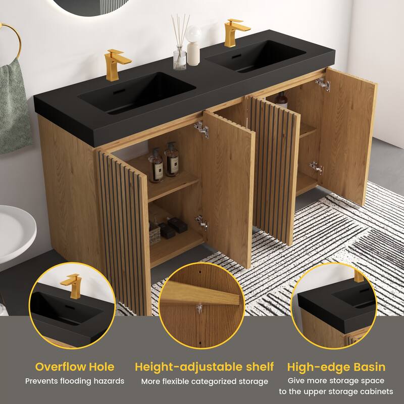 GDFStudio - Galan 60" Freestanding Bathroom Vanity with Quartz Sink, Solf Close Doors, Open Storage Shelf, NO Drain & Faucet