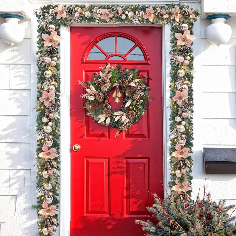 6ft Pre-Lit Outdoor Christmas Garlands with LED Lights Rose Gold Balls Flowers - N/A