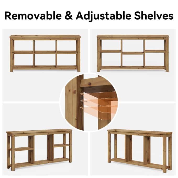 63-Inch Entryway Table with Adjustable Shelf, Solid Wood Console Table