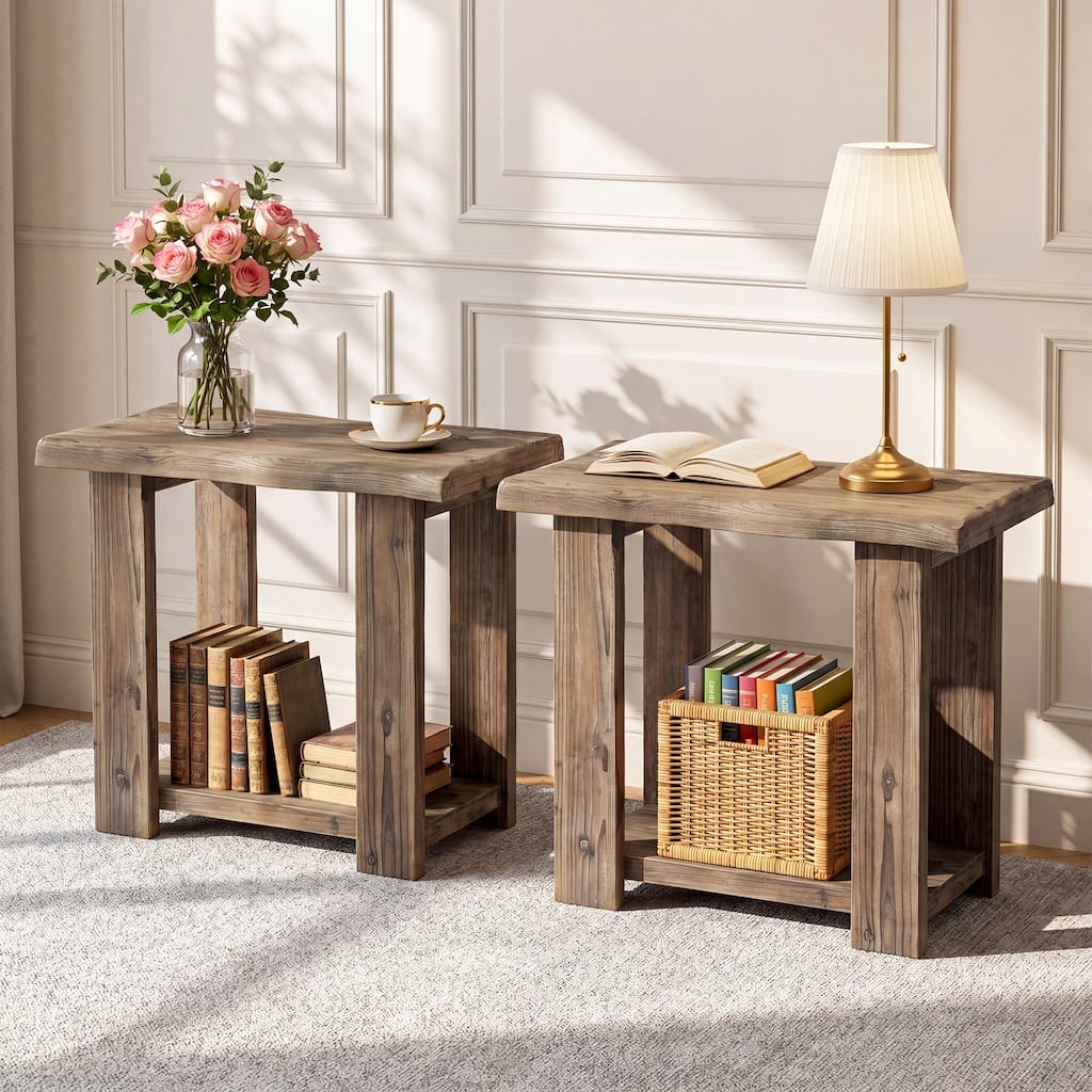 Solid Wood End Table, 2-Tier Narrow Side Table Nightstands, Easy Assembly