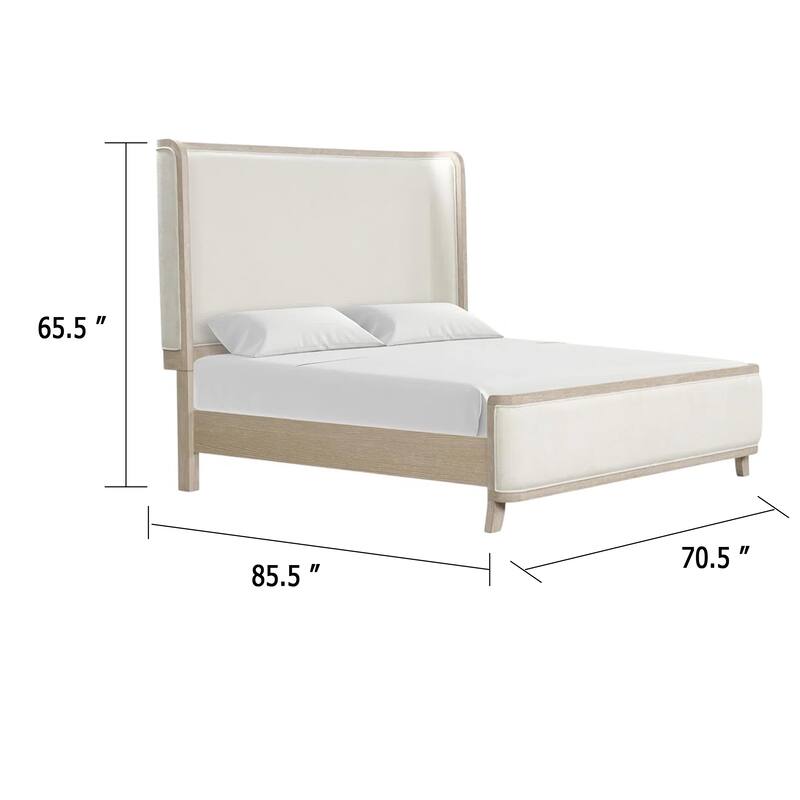Fea Queen Bed, Natural Oak, Shelter Padded Headboard, White Upholstery