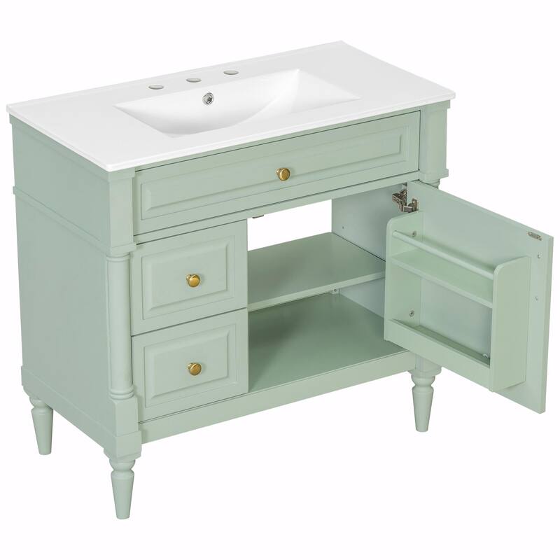 36" Bathroom Vanity with Sink, Freestanding Bathroom Cabinet with Ceramic Basin, Flip Drawer