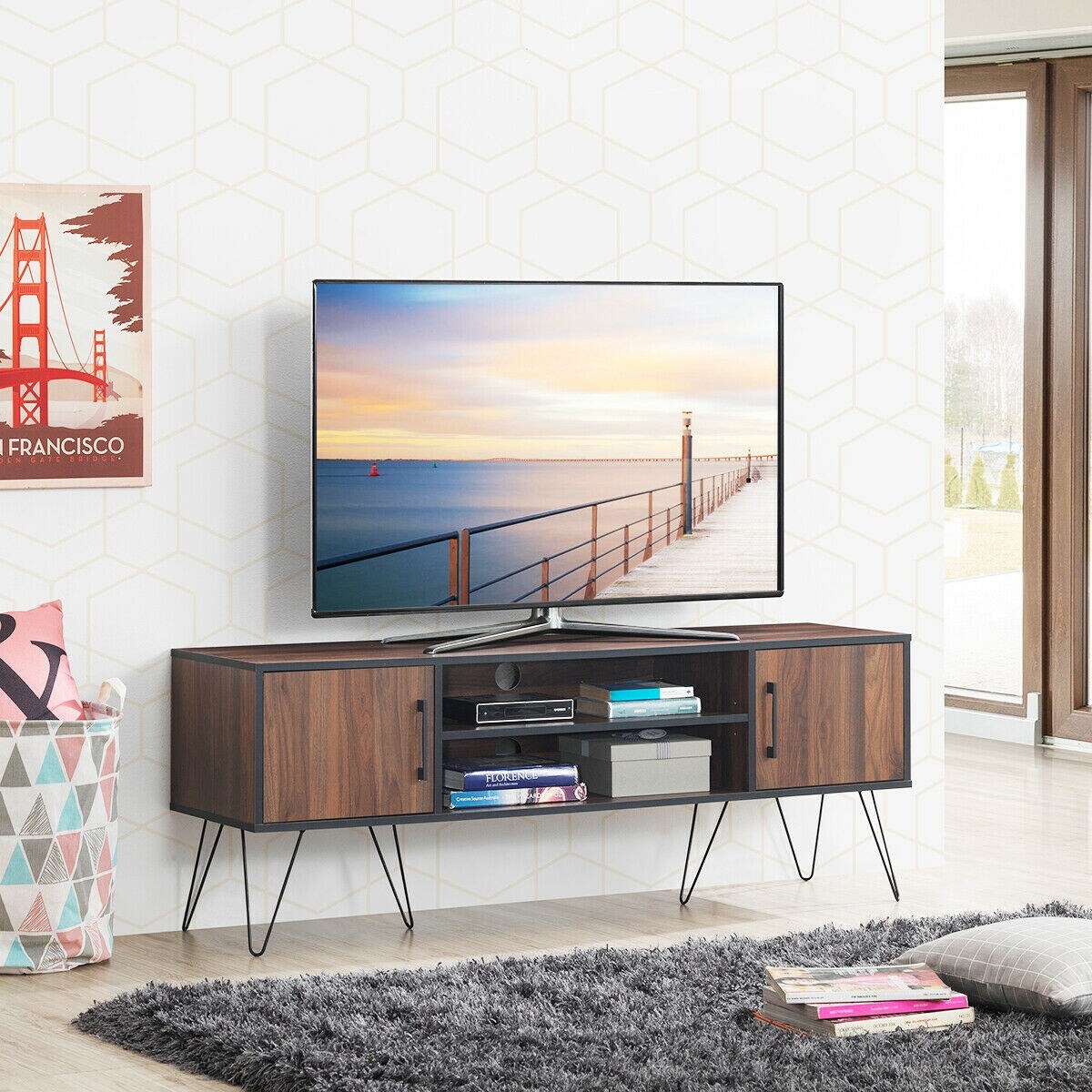 Shop Gymax Tv Stand Media Center Storage Cabinet Shelf Hold Up To 60 Tv W Metal Leg Walnut Overstock 29861636