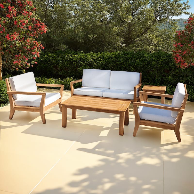 Linon Clermont Outdoor Solid Teak Wood 5 Piece Patio Conversation Set