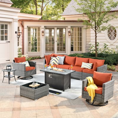 XIZZI 9 Pieces Patio Wicker Furniture Swivel Rocker with Firepit Table