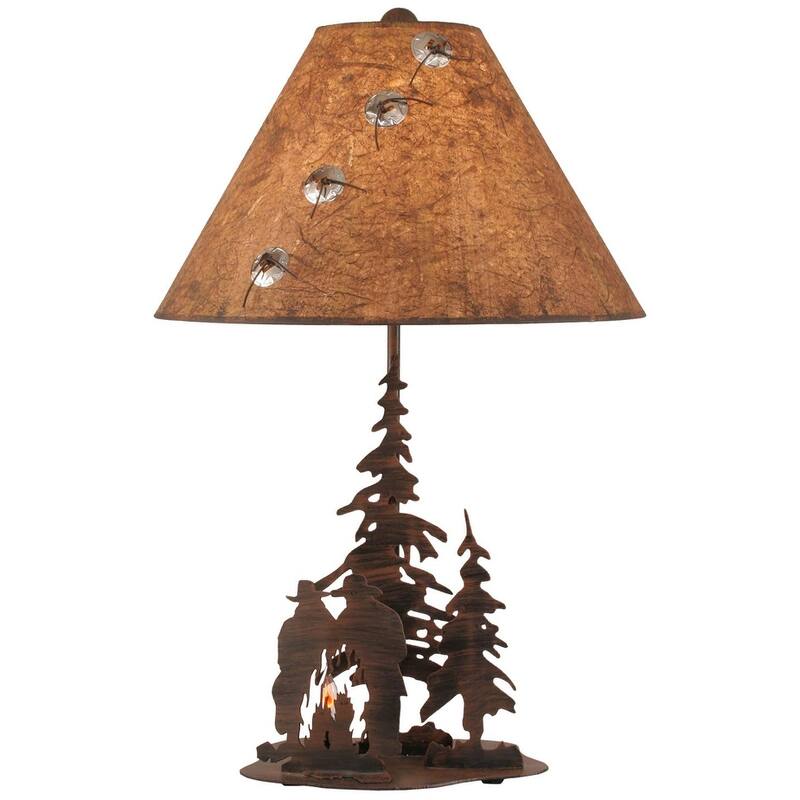 Rustic Iron Nature Scene Table Lamp with Nightlight - Cowboys Around Campfire