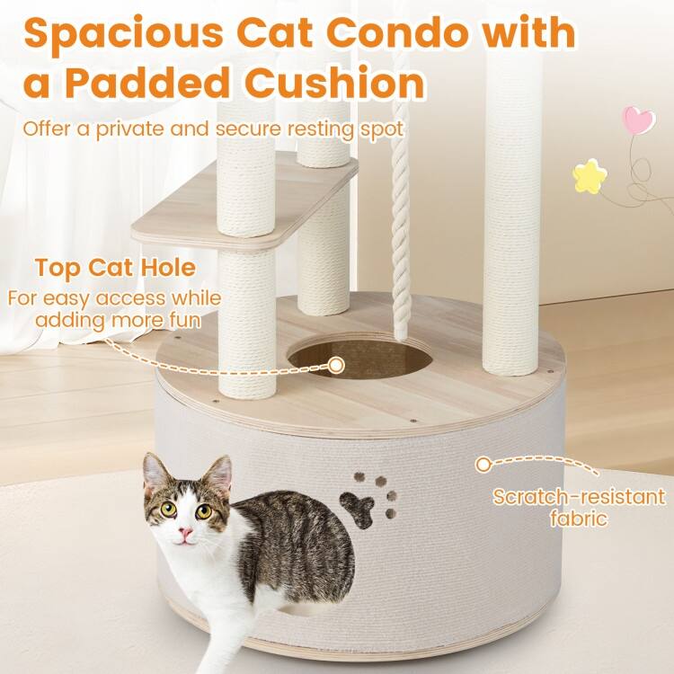 Natural Wooden Cat Tree Tower with Condo Hammock Perch and Scratching Posts 55 Inch Multi Level