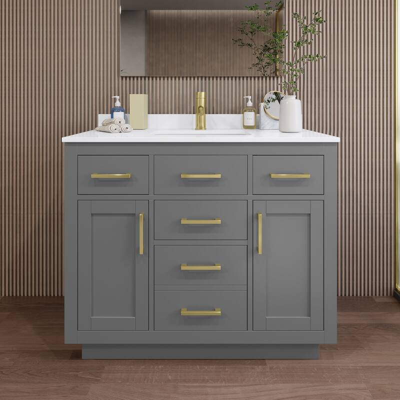 Wyndham Collection WCG262642S-QTZ-UNSMXX Beckett TK 42" Free Standing - Dark Gray / White Quartz Top / Brushed Gold