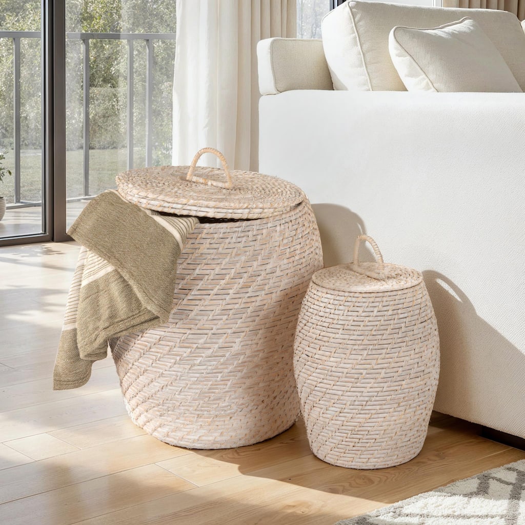 Hand-Woven Rattan Wicker Storage Baskets with Lids, Set of 2