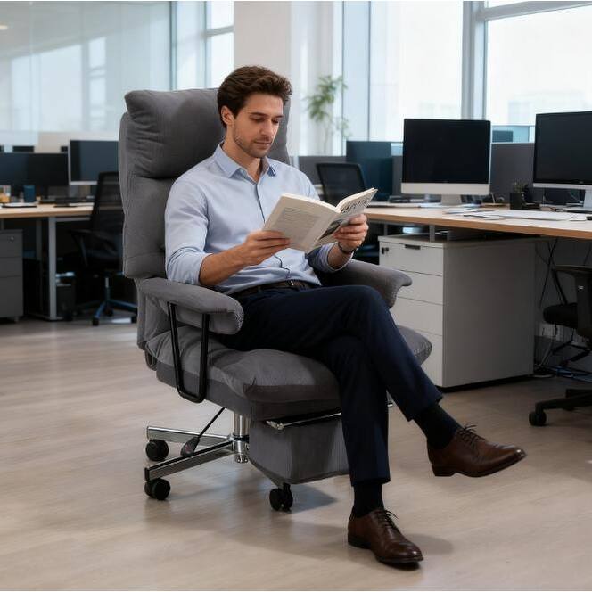 Overstuffed Office Chair with Lumbar Support and Footrest Reclining Swivel - Grey
