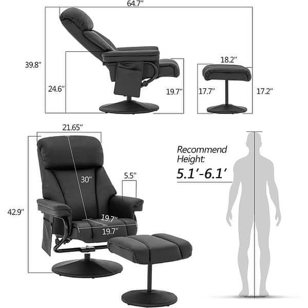 dimension image slide 0 of 3, MCombo Swivel Recliner with Ottoman, Reclining Chair with Massage, Faux Leather Lounge Chair