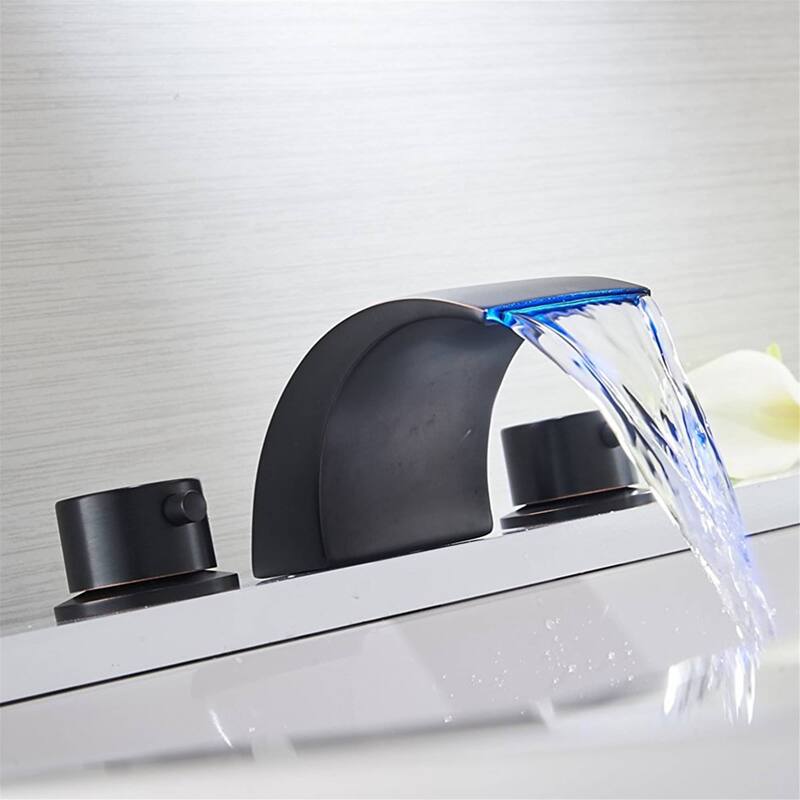 LED Widespread Bathroom Faucet With Drain Assembly 3 Holes Waterfall Bathroom Sink Faucets WIth Light 2 Handle Basin Vanity Tap
