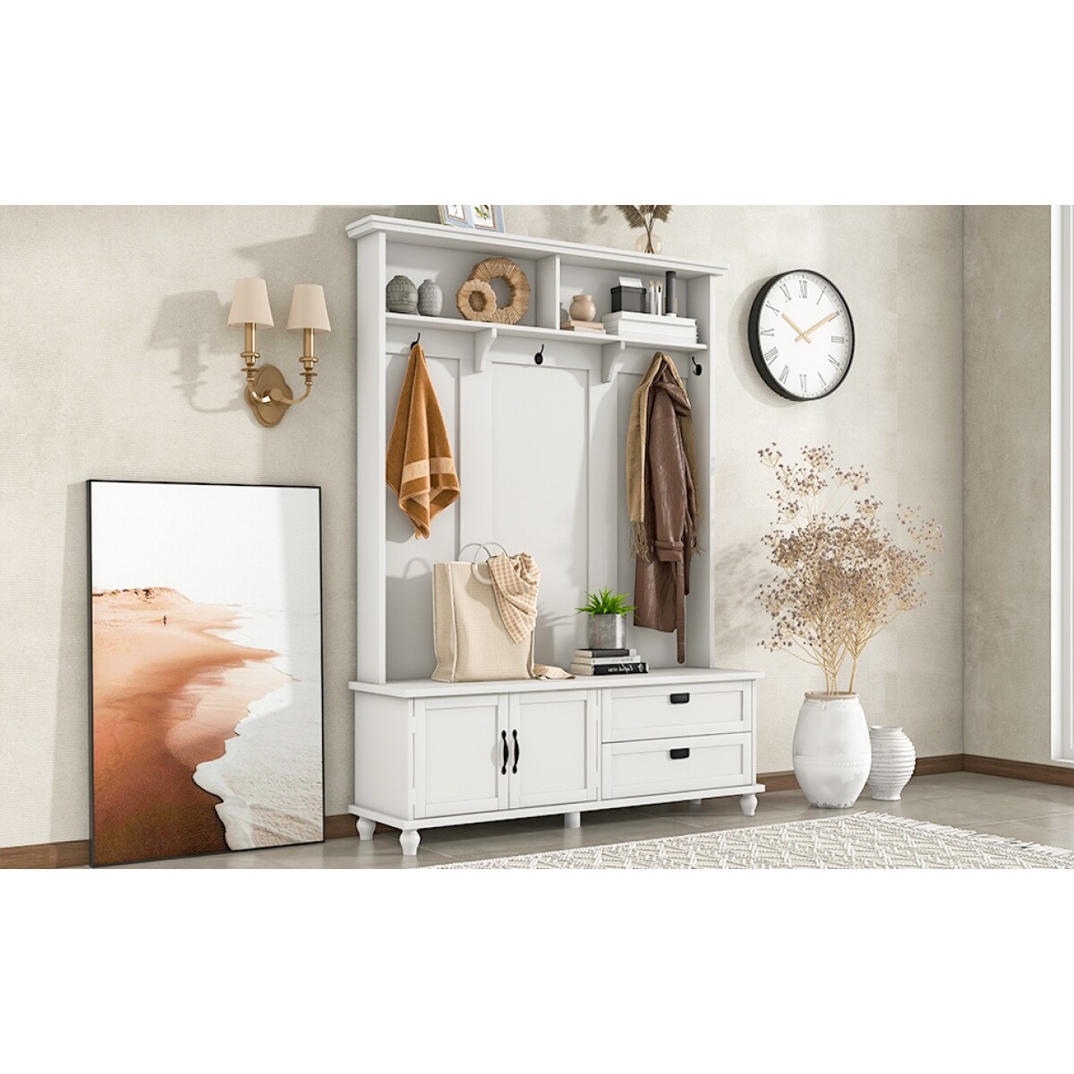 Modern Hall Tree with Storage Cabinet and 2 Large Drawers Mudroom