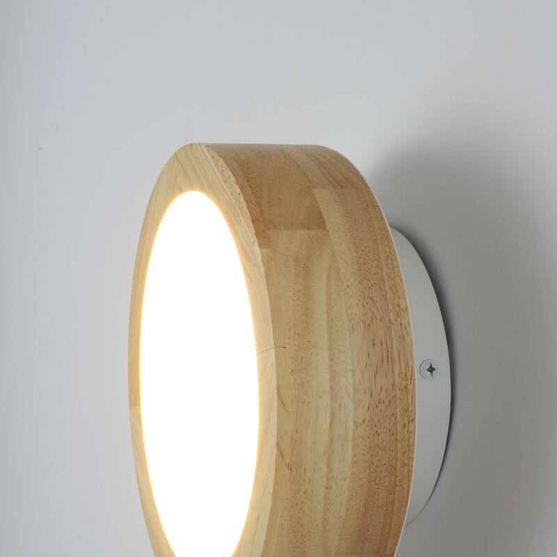 1-Light 7.87 in. Modern Farmhouse Small LED Round Wall Sconce in Natural Rubberwood Finish - 7.87 in. W x 3.35 in. H