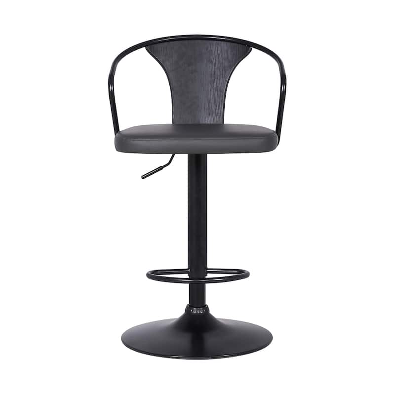 Black Faux Leather Adjustable Swivel Bar Stool with Iron Frame and Footrest - 19” x 20” x 43” (D x W x H)