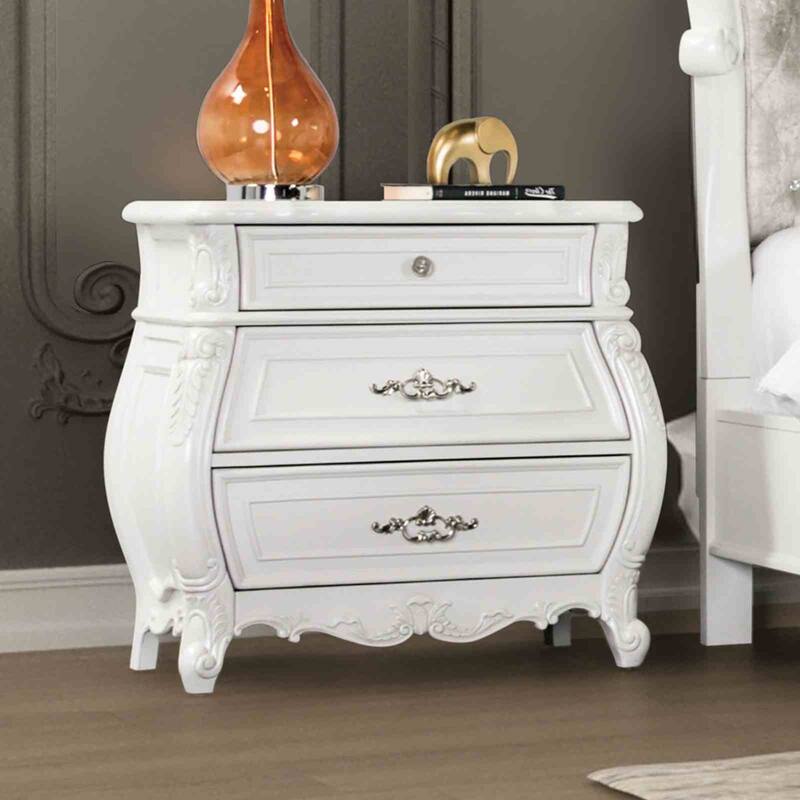 Traditional Nightstand - White Finish with Carved Detail & Dustproof Drawers