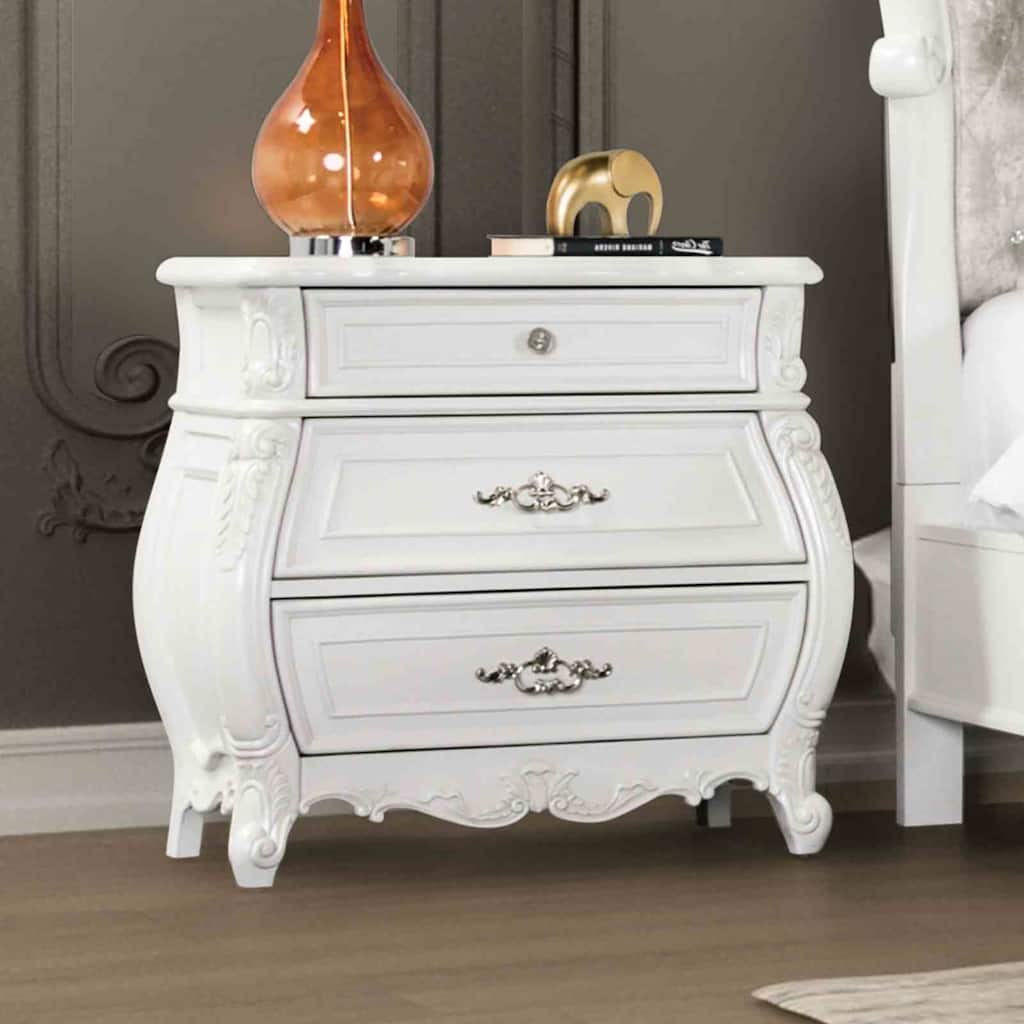 Traditional Nightstand - White Finish with Carved Detail & Dustproof Drawers