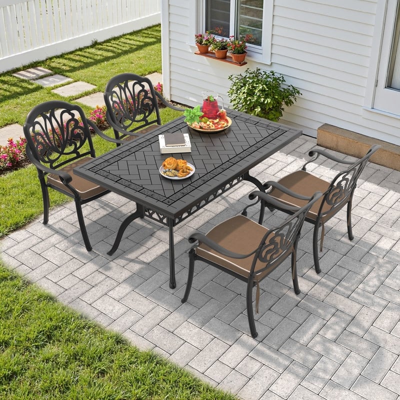 5/7-Piece Cast Aluminum Outdoor Dining Set with 59.06'' L X 35.43'' W Rectangular Table and Seat Cushions - Black( 5-Piece Sets-A)