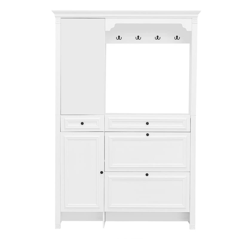 Modern Coat Rack with Shoe Compartment Mirrored Doors 2 Flap Drawers 4 Hooks and 2 Cabinets, for Entryway Living Room
