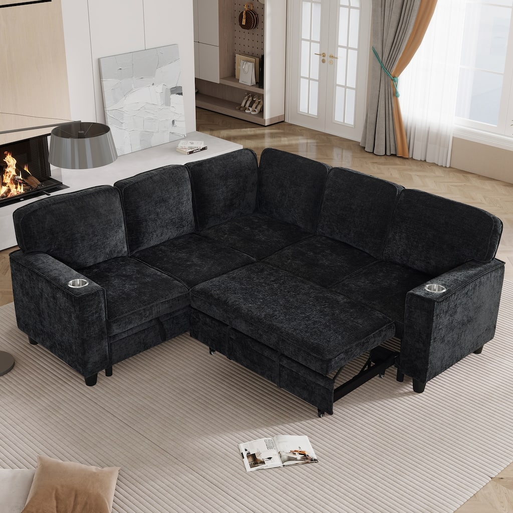 GDFStudio - 5-Seat Sectional L-Shaped Sofa with Pull-Out Sleeper Bed, Storage, Cup Holder & USB Charging - 81"W