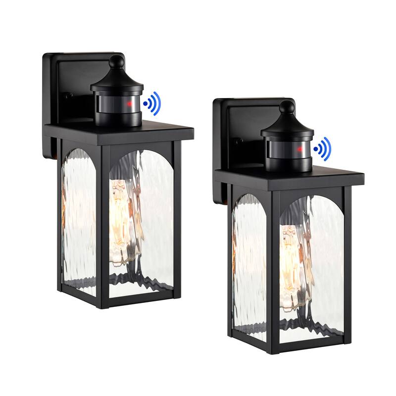 12 in. 1-Light Matte Black Motion Sensing Dusk to Dawn Outdoor Hardwired Wall Lantern Sconce with Clear Water Wave Glass