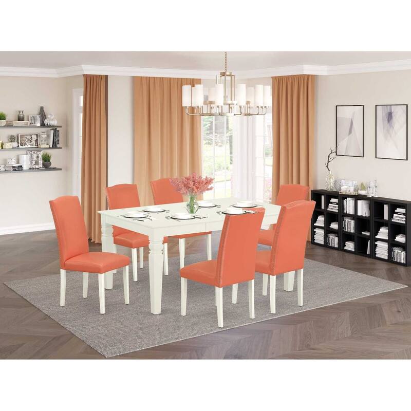 Boho Dinette Set 7Pc Rectangular Table & 6 Chairs Pink Flamingo Linen White Legs