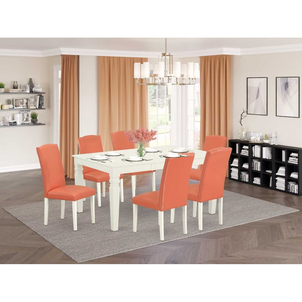 Boho Dinette Set 7Pc Rectangular Table & 6 Chairs Pink Flamingo Linen White Legs