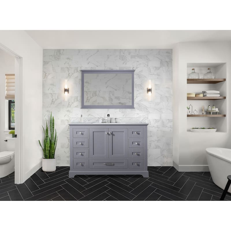 Dukes 48 in. W x 22 in. D Navy Blue Single Bath Vanity, Carrara Marble Top, Faucet Set, and 46 in. Mirror