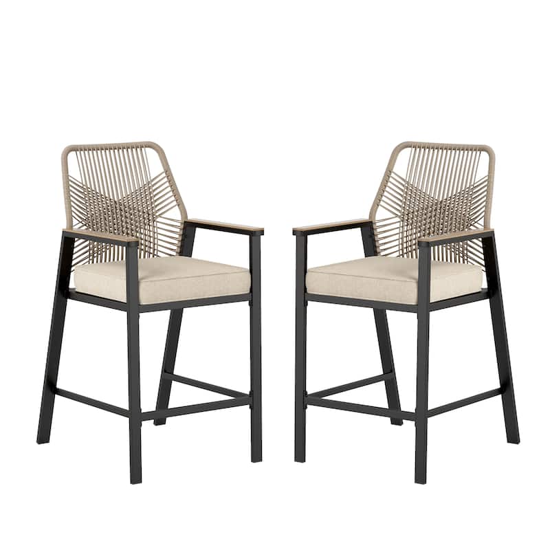 MAISON ARTS Modern Twill Wicker Woven Outdoor Bar Stool Chair Set, Counter Height Stool with Back and Cushion