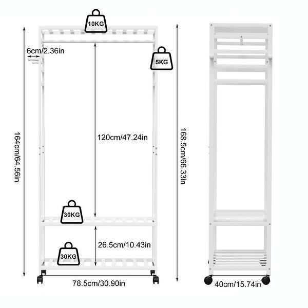 dimension image slide 0 of 2, Bamboo Rolling Clothes Rack with Storage Shelves and Hanging Rod - W 30.9" x D 15.75" x H 66.34"