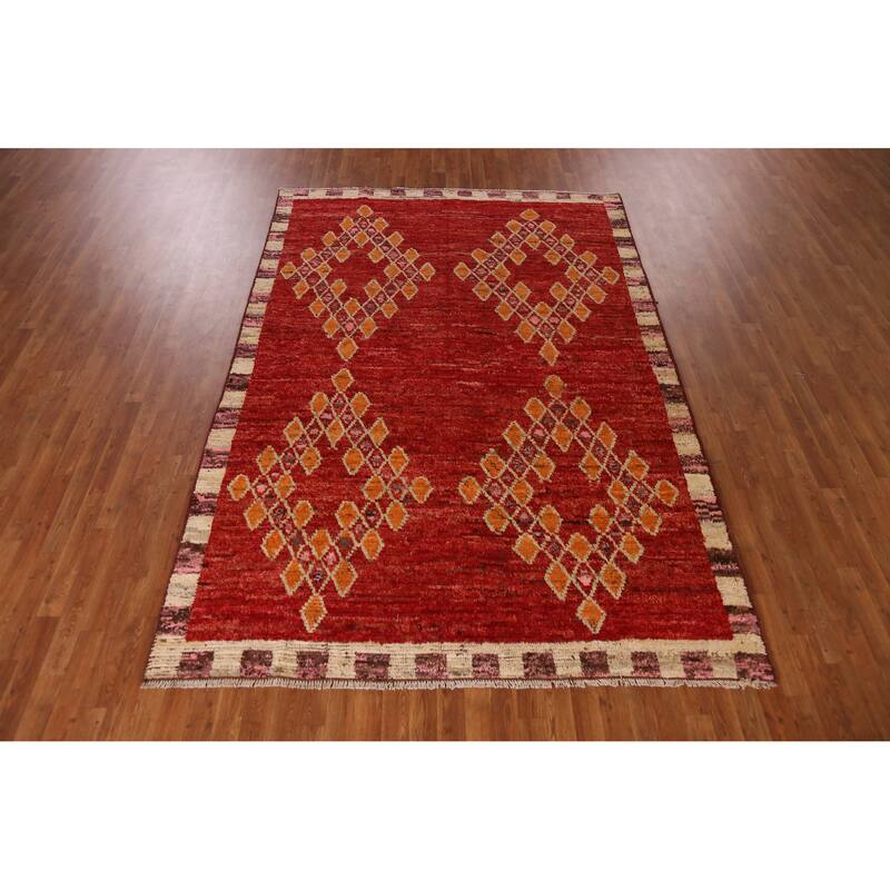 Red Geometric Moroccan Oriental Area Rug Handmade Tribal Wool Carpet - 6'7" x 9'10"