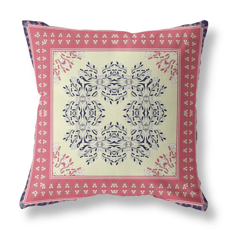 HomeRoots 16" X 16" Cream And Pink Blown Seam Floral Indoor Outdoor Throw Pillow - 16.00' X '5.00' X '16.00