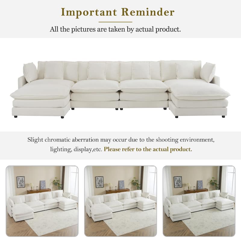 149.6" Corduroy U-Shaped Sectional Sofa with 2 Ottomans and Storage Pockets