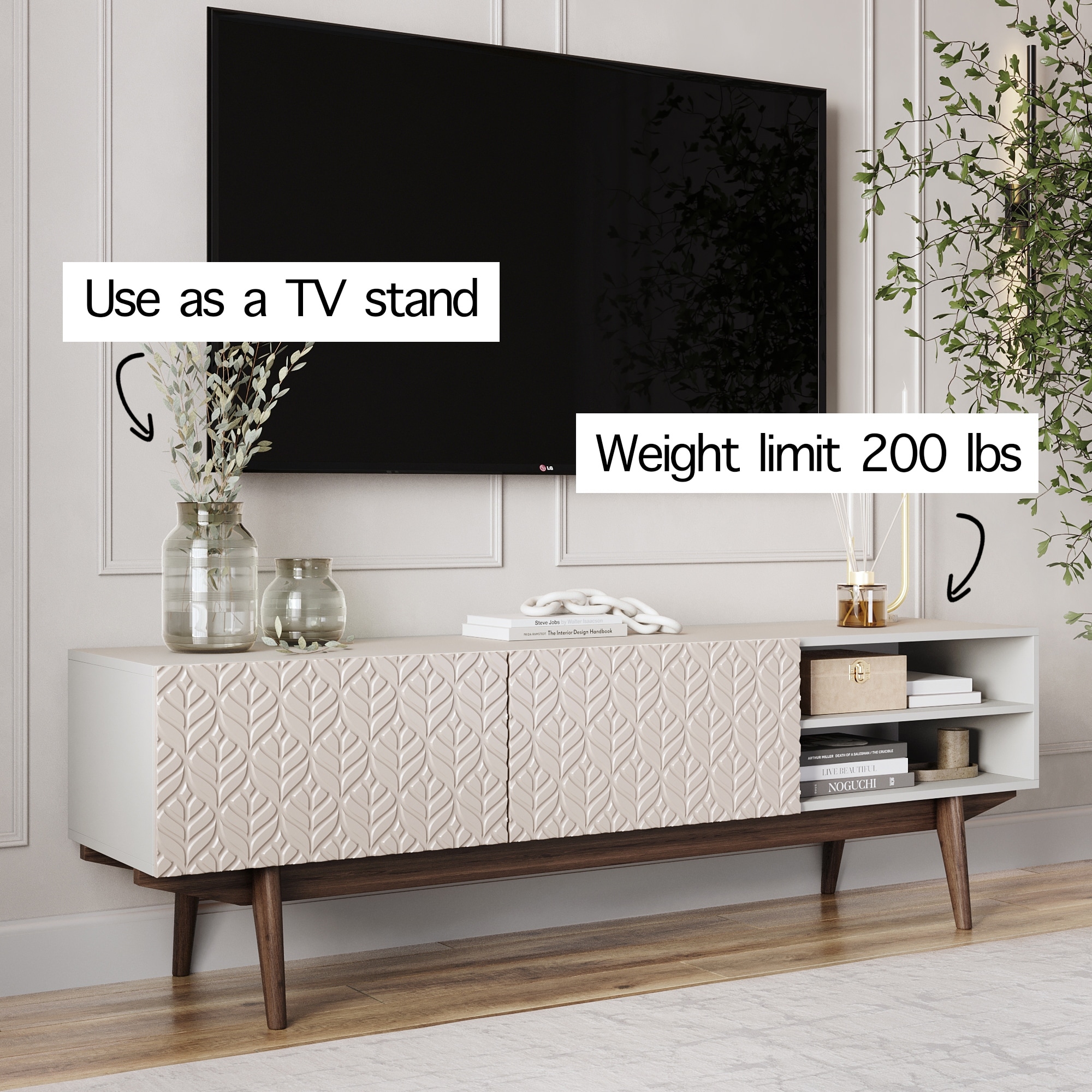 Living Skog Kelly TV Stand Console Fits TV's up to 65 in. with Wood Legs in Mid Century Modern Scandinavian Design