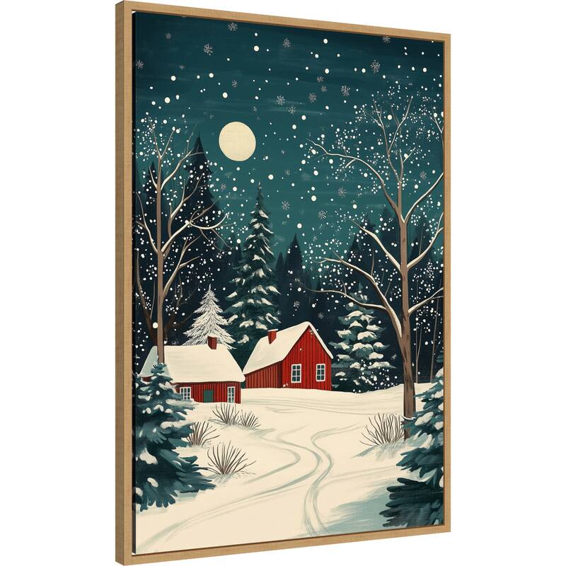 Red Houses and Snowy night sky by Pictufy Studio Framed Canvas Wall Art Print - Sylvie Natural