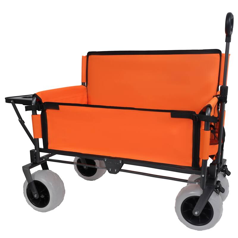 3-in-1 Folding Wagon with Bench Seat & Rear Folding Tabletop - 500lb Capacity with 9"x4" Tires, Orange