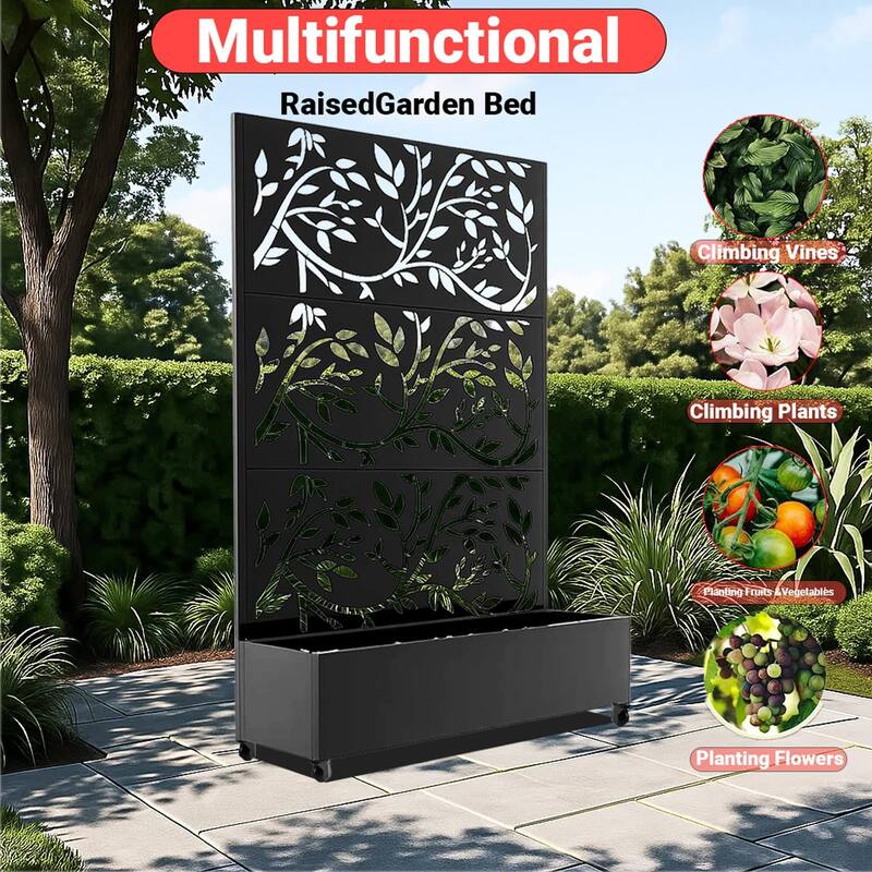 Metal Privacy Screen with Wheels – Galvanized Steel Garden Trellis & Planter Box for Climbing Plants/Vines