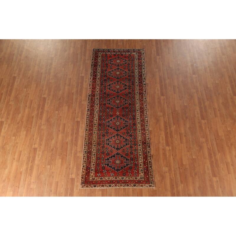 Geometric Sirjan Persian Vintage Runner Rug Handmade Wool Carpet - 3'8"x 9'4"