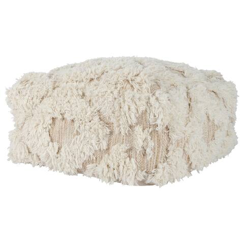 24 Inch Classic Wool Sqaure Pouf, Wide Design, Handwoven Texture, Beige