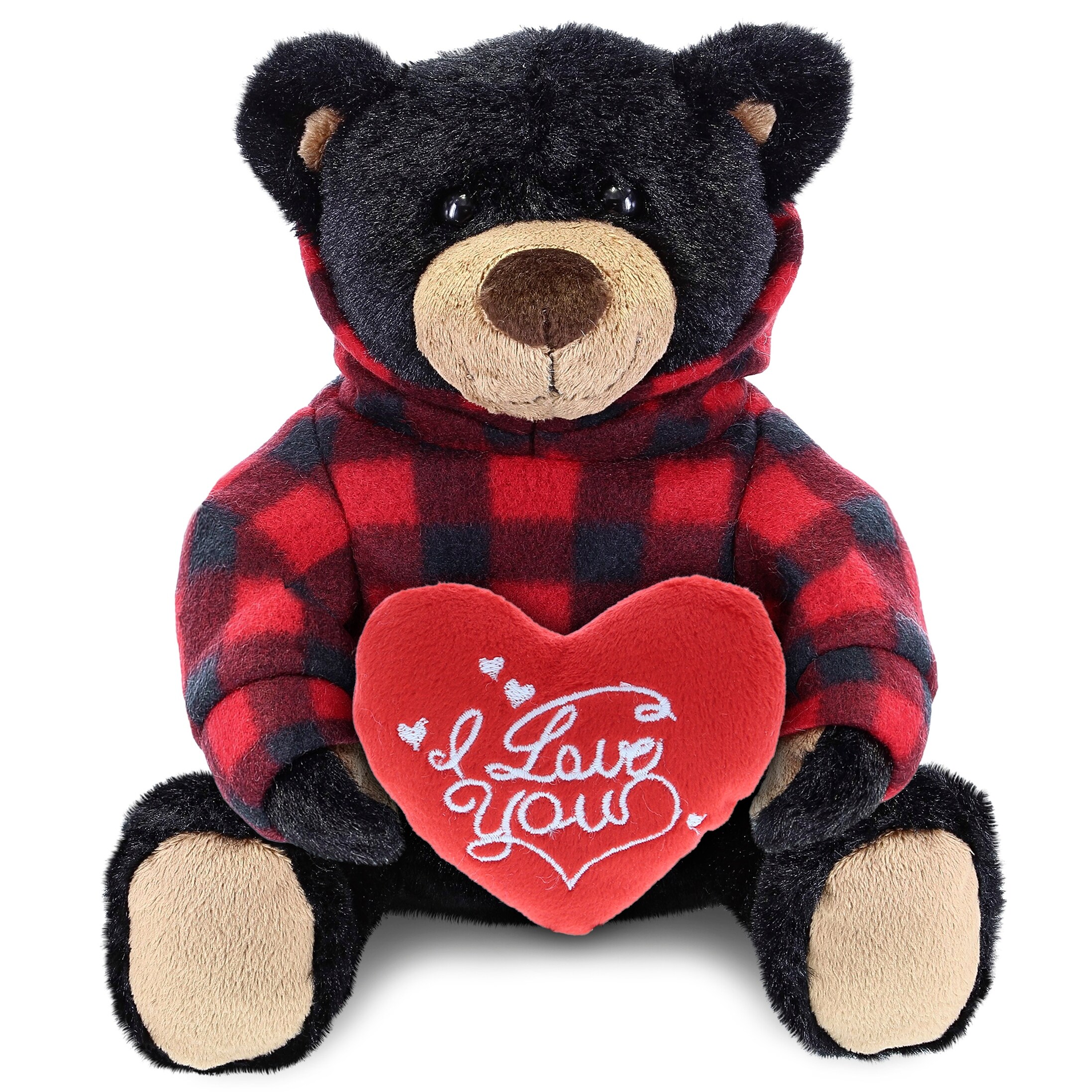 DolliBu I LOVE YOU Black Bear Plush with Red Plaid Hoodie w Red Heart 10 inches Bed Bath Beyond 39642110