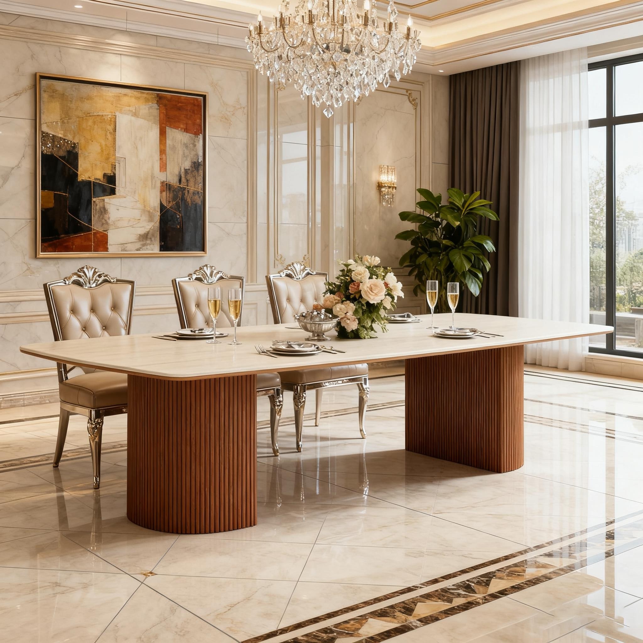 78.8-inch Large Dining Table with Travertine Slab Top for Kitchen Dining Room
