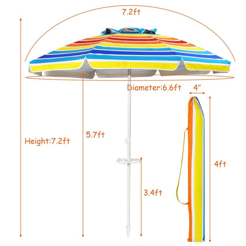 Large 7.2 ft Beach Umbrella with Adjustable Tilt and Sun Protection and Sturdy 8-Rib Frame - 7.2'Dia x 7.2'H