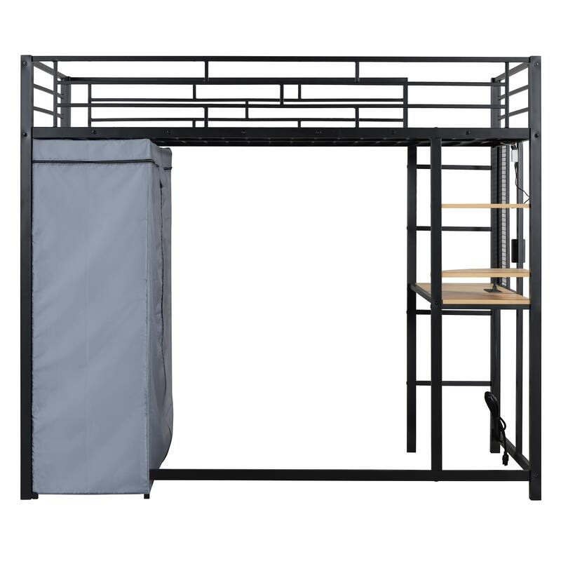 Space-Saving Loft Bed with Desk, Wardrobe, Power Outlet, and LED Light, Black