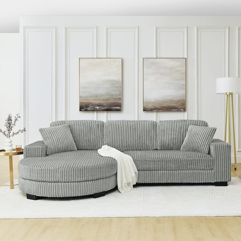 110.63" Modular Corduroy L-Shaped Sectional Sofa with Freely-placed Arc-shaped Footstool - Grey