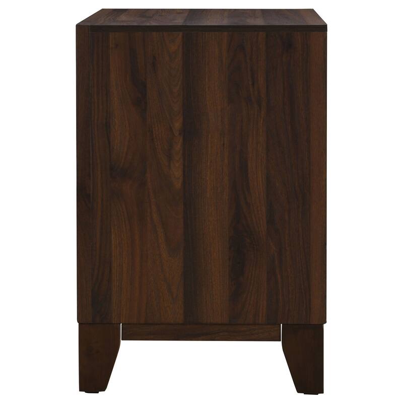 Walnut Finish 2-Drawer Nightstand with Gold Round Knobs, Mitered Trim and Stylish Modern Bedside Storage