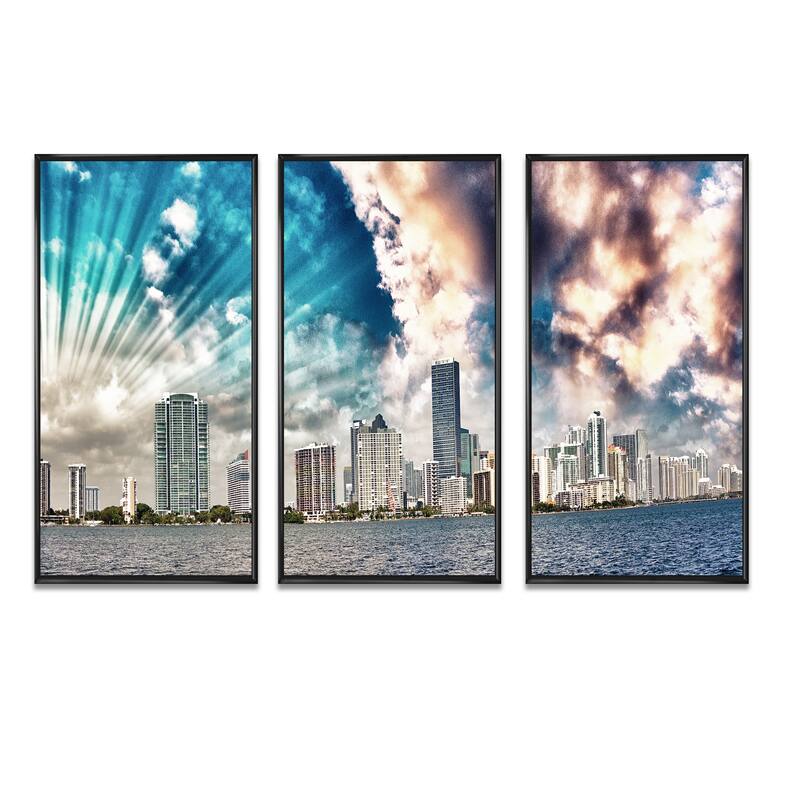 Designart "Miami Skyline with Clouds" Cityscape Framed Wall Decor Set