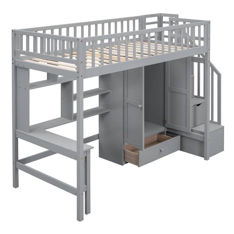 Merax Twin size Loft Bed with Bookshelf,Drawers,Desk,and Wardrobe